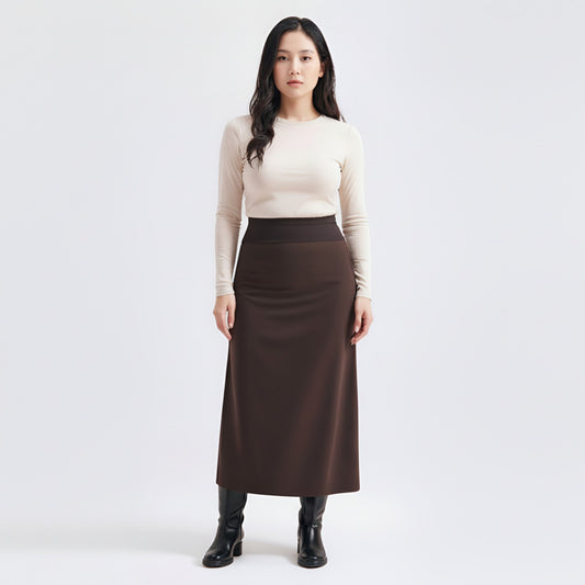 Maternity High Waist Stretch Knit Midi Skirt with Seamless Support Panel and Smooth Flattering Soft Draped Silhouette