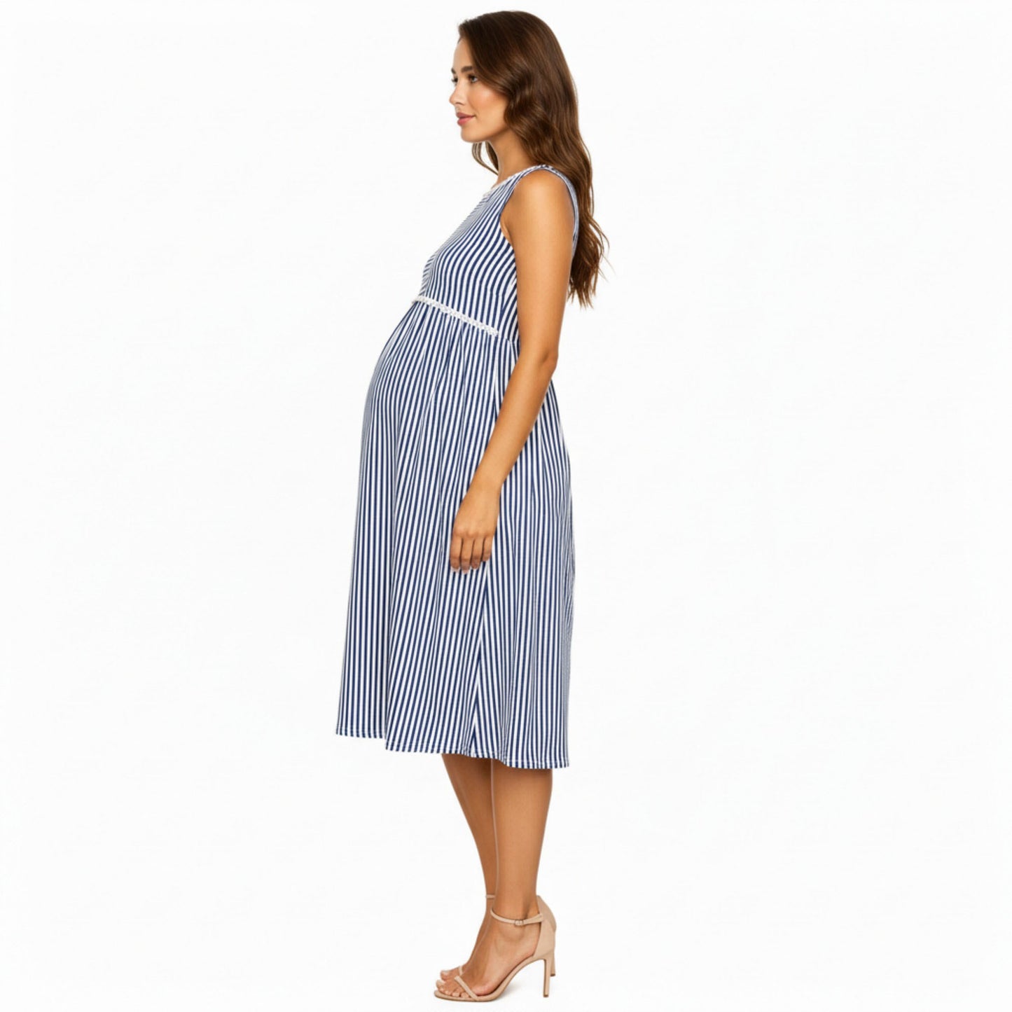 Maternity Sleeveless Stripe Midi Dress with Soft Stretch Knit Fabric and Flattering Empire Waist