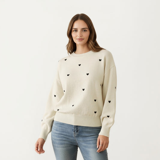 Long Sleeve Heart Pattern Knit Sweater with Ribbed Trim