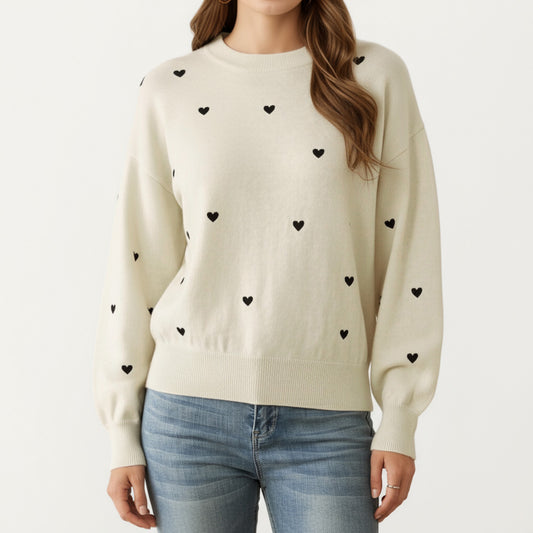 Long Sleeve Heart Pattern Knit Sweater with Ribbed Trim