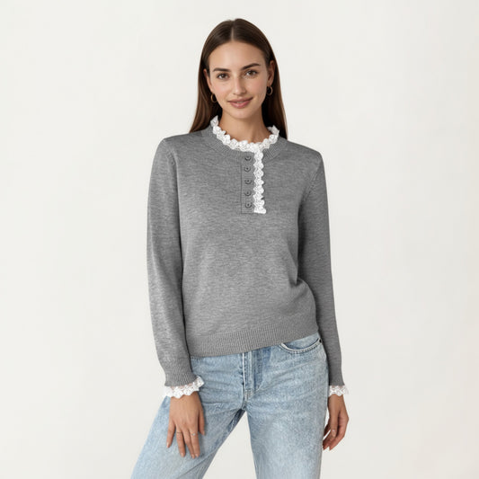 Long Sleeve Knit Top with Lace Trim Collar and Button Front Detail