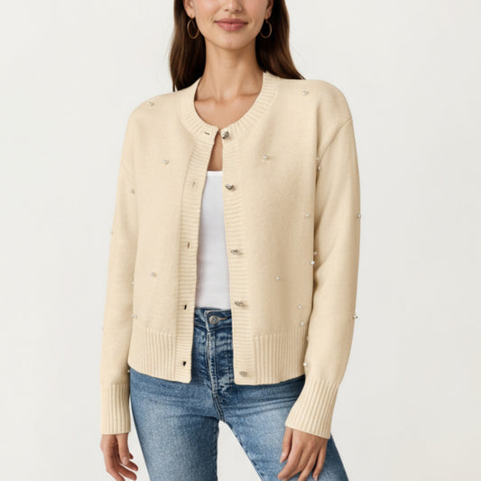 Long Sleeve Faux Pearl Embellished Knit Cardigan with Button Front Closure