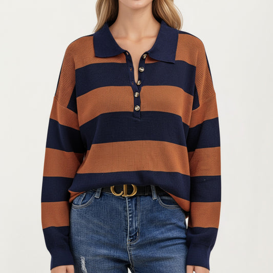 Long Sleeve Striped Knit Polo Top with Button Placket and Ribbed Cuffs