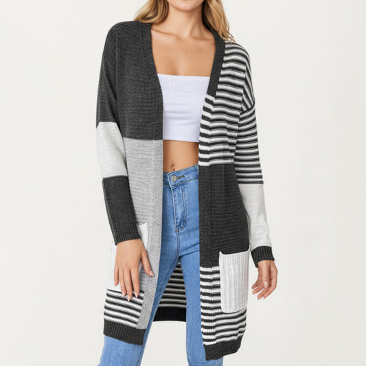 Long Sleeve Color Block Striped Knit Cardigan with Front Pockets