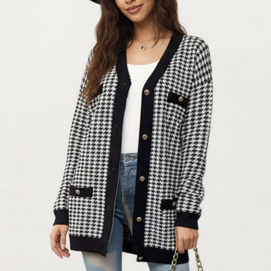 Long Sleeve Houndstooth Knit Cardigan with Button Front and Pocket Detail