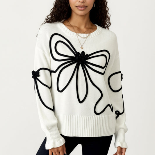 Long Sleeve Knit Sweater with Oversized Bow Embroidery and Ribbed Trim