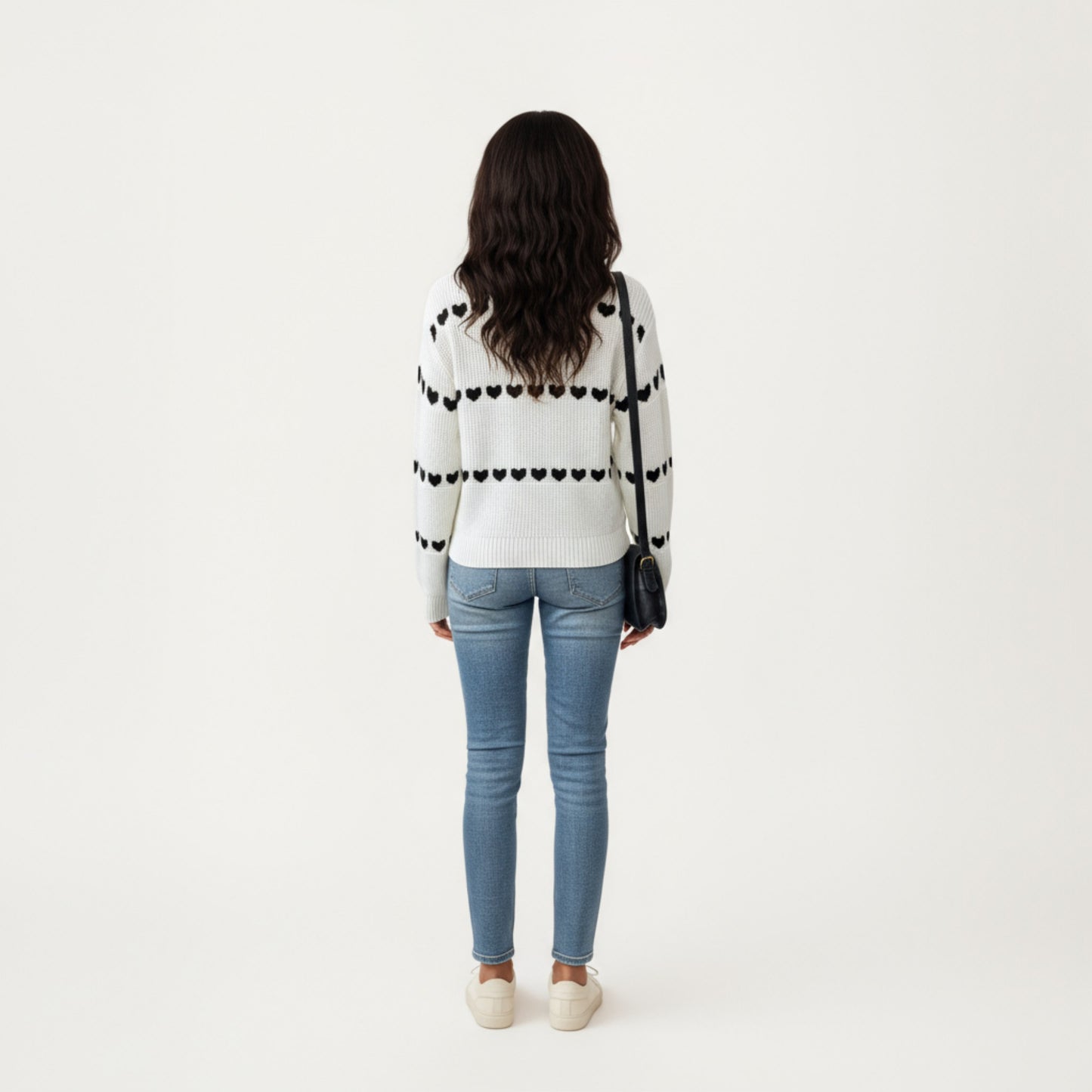 Long Sleeve Knit Sweater with Heart Pattern and Ribbed Trim