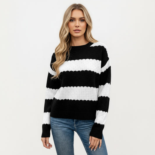 Long Sleeve Knit Sweater with Bold Horizontal Stripes and Ribbed Trim