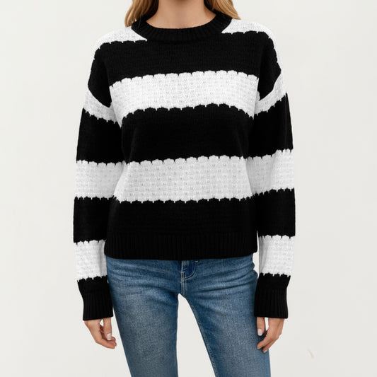 Long Sleeve Knit Sweater with Bold Horizontal Stripes and Ribbed Trim
