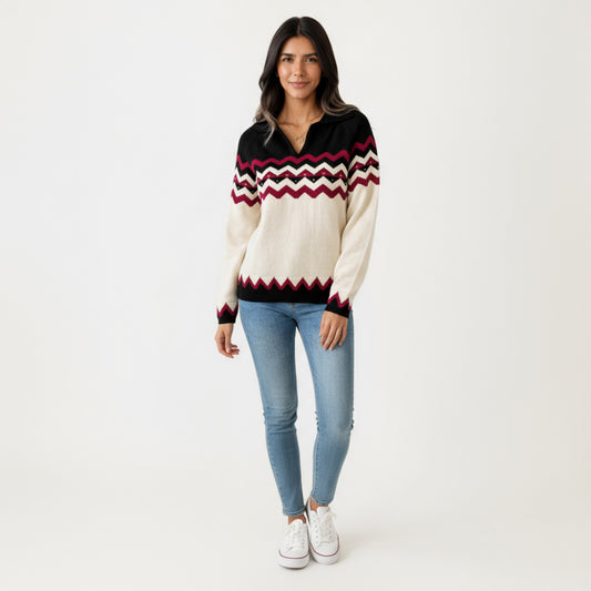 Long Sleeve Knit Sweater with Chevron Pattern and Split Collar Detail
