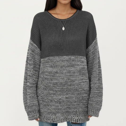 Long Sleeve Color Block Knit Sweater with Textured Waffle and Marled Stitch Design