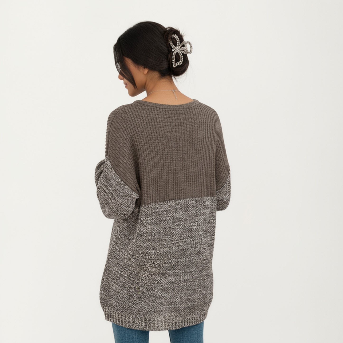 Long Sleeve Color Block Knit Sweater with Textured Waffle and Marled Stitch Design