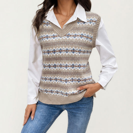 Sleeveless V-Neck Knit Sweater Vest with Geometric Pattern Design