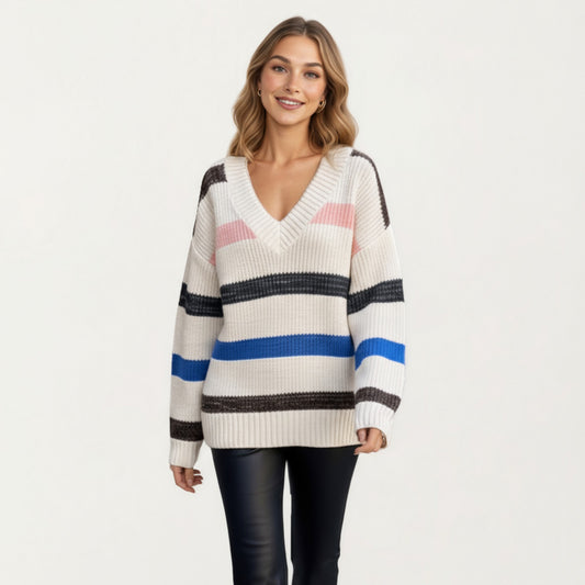 Long Sleeve V-Neck Ribbed Knit Sweater with Multicolor Stripes