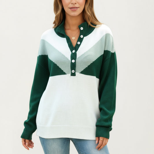 Color Block Long Sleeve Knit Sweater with Button Collar and Ribbed Hem