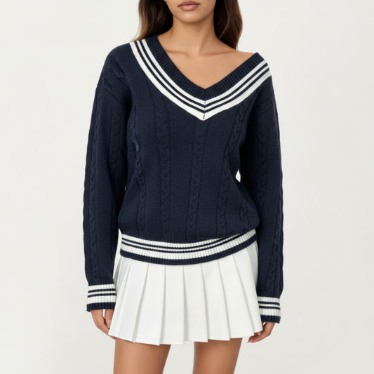 V-Neck Cable Knit Sweater with Striped Trim and Ribbed Hem