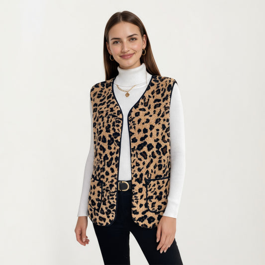 Leopard Print Open Front Vest with Contrast Trim and Front Pockets
