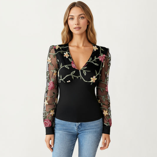 Long Sleeve Sheer Floral Embroidered Mesh Top with Fitted Bodice