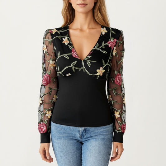 Long Sleeve Sheer Floral Embroidered Mesh Top with Fitted Bodice