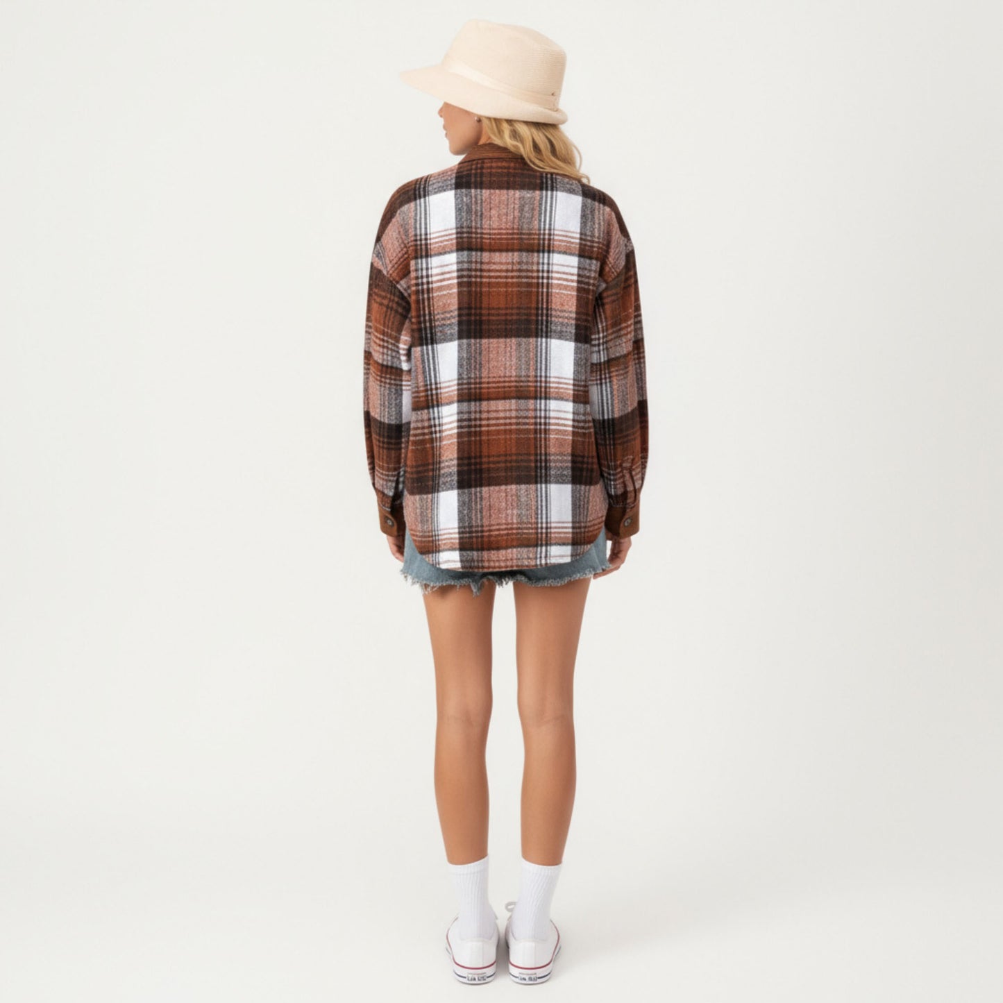 Plaid Button Front Shirt Jacket with Soft Corduroy Contrast Long Sleeves Chest Pocket Detail