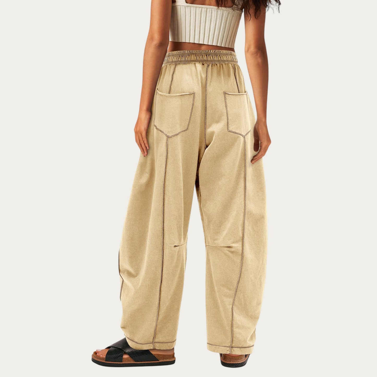 Soft Wide Leg Pants with Cargo Style Seam Detailing Adjustable Drawstring Waistband and Relaxed Stretch Fit