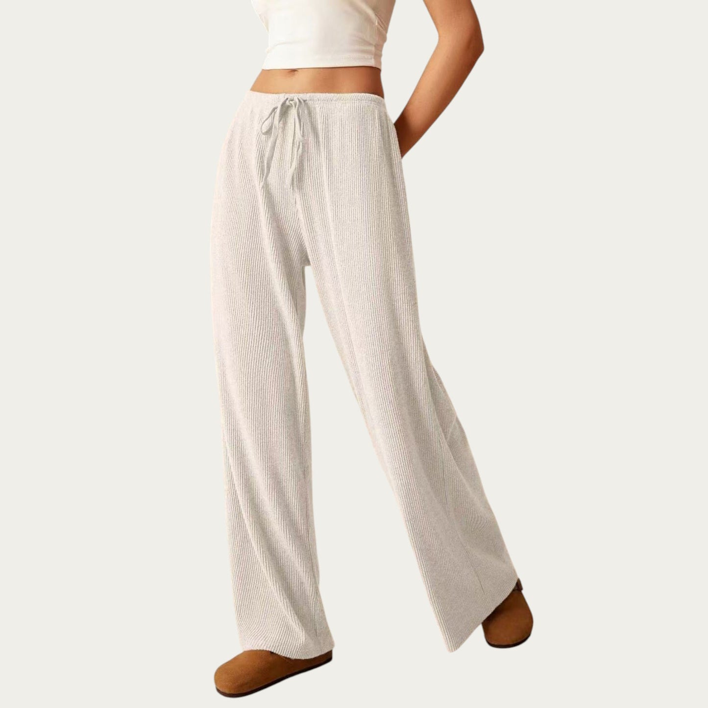 Soft Ribbed Pants with Wide Relaxed Legs Adjustable Drawstring Waistband and Stretch Fabric