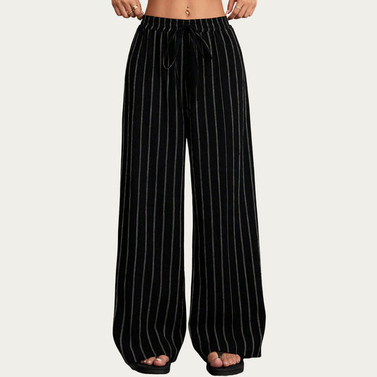 High Waist Wide Leg Lounge Pants with Vertical Stripe Pattern, Adjustable Drawstring Waist, and Relaxed Fit