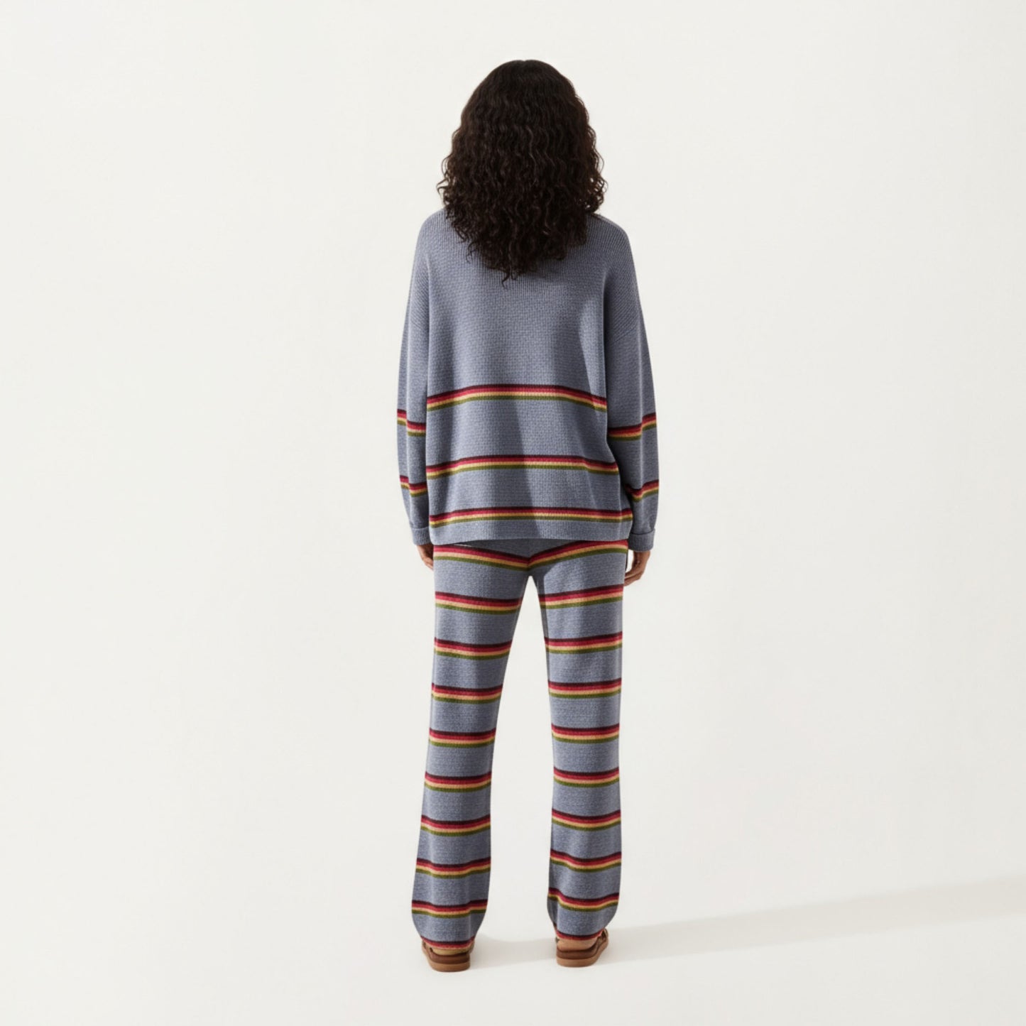 Striped Long Sleeve Top and Wide Leg Pant Set with Soft Textured Knit Fabric and Adjustable Drawstring Waistband