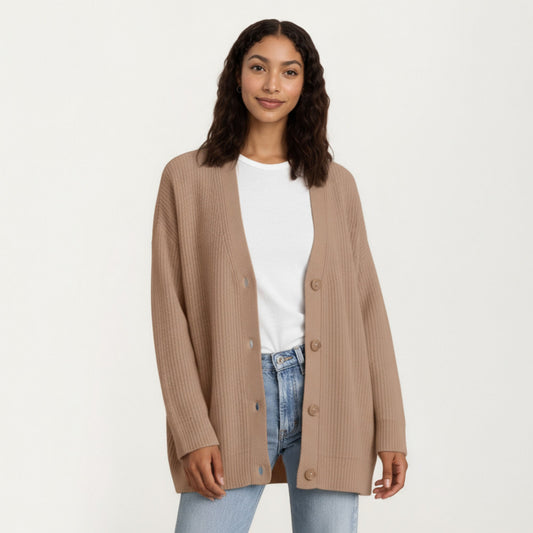Oversized Rib Knit Button Front Cardigan with Relaxed Drop-Shoulder Silhouette and Soft Textured Feel