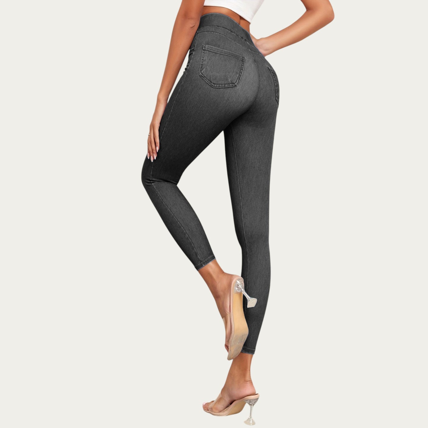 High Waist Denim Look Leggings with Smooth Stretch Fabric Faux Pocket Details and Sleek Contoured Fit