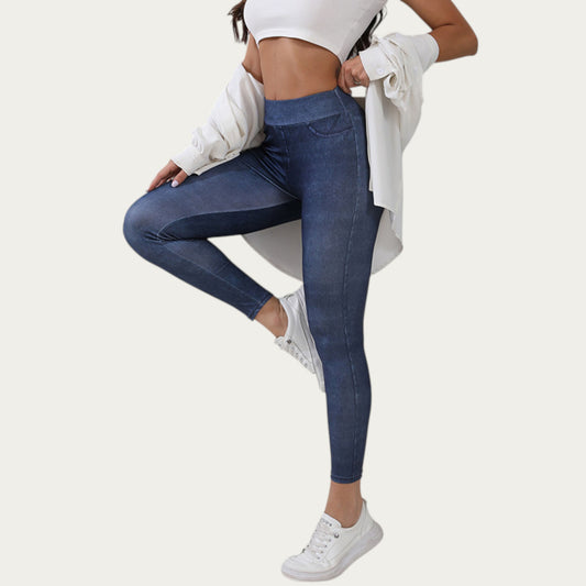 High Waist Denim Look Leggings with Smooth Stretch Fabric Faux Pocket Details and Sleek Contoured Fit