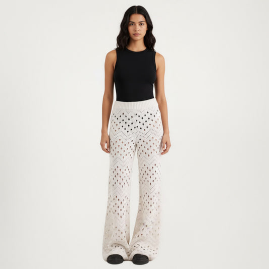 Crochet Knit 2-Piece Set with Open Front Cardigan and Wide Leg Pants Featuring Soft Textured Stitching