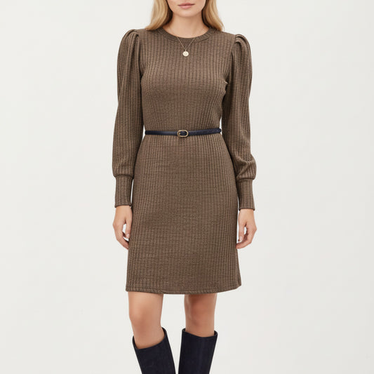 Long Sleeve Ribbed Knit Dress with Puff Shoulders, Crew Neckline, and Soft Stretch Fit