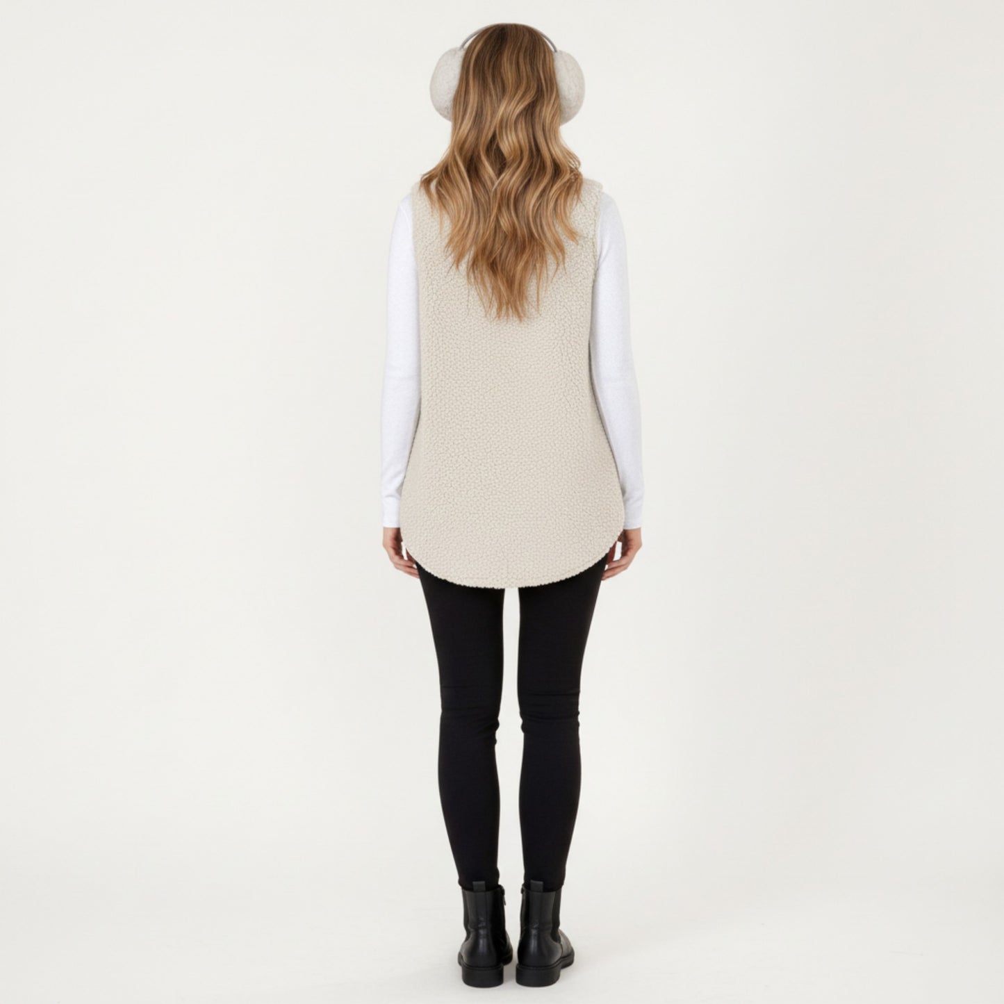 Faux Shearling Button Front Vest with Collared Neckline, Chest Flap Pockets, and Longline Fit