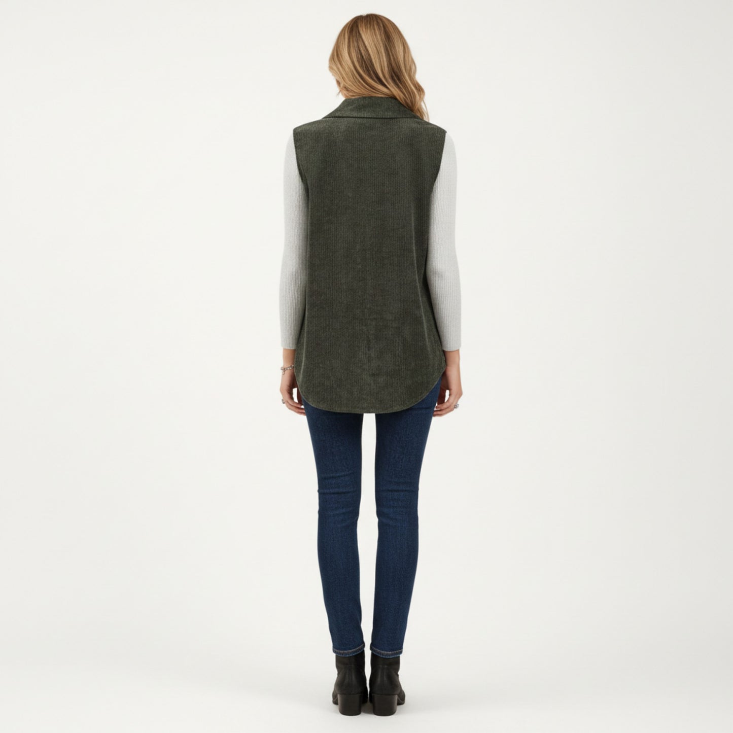 Textured Button Front Vest with Collared Neckline, Chest Flap Pockets, and Relaxed Longline Fit