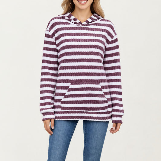 Striped Ribbed Knit Hoodie Top with Soft Textured Fabric Long Sleeves and Kangaroo Pocket Tunic-Length Design
