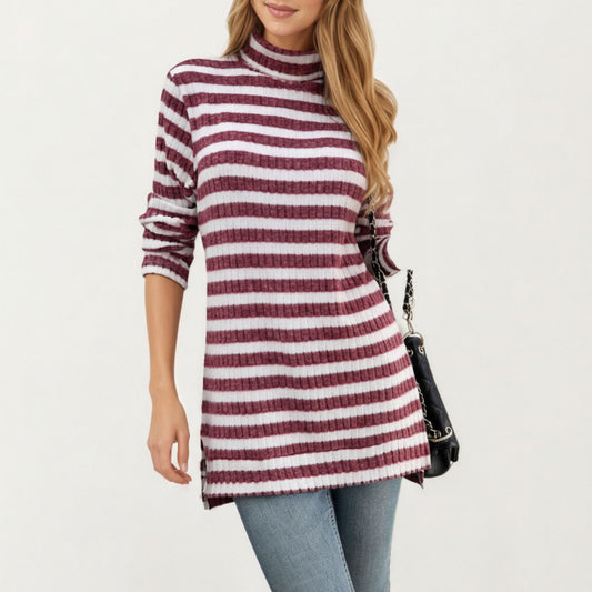 Ribbed Turtleneck Pullover Top with Soft Textured Striped Knit Long Sleeves and Relaxed Tunic-Length Silhouette