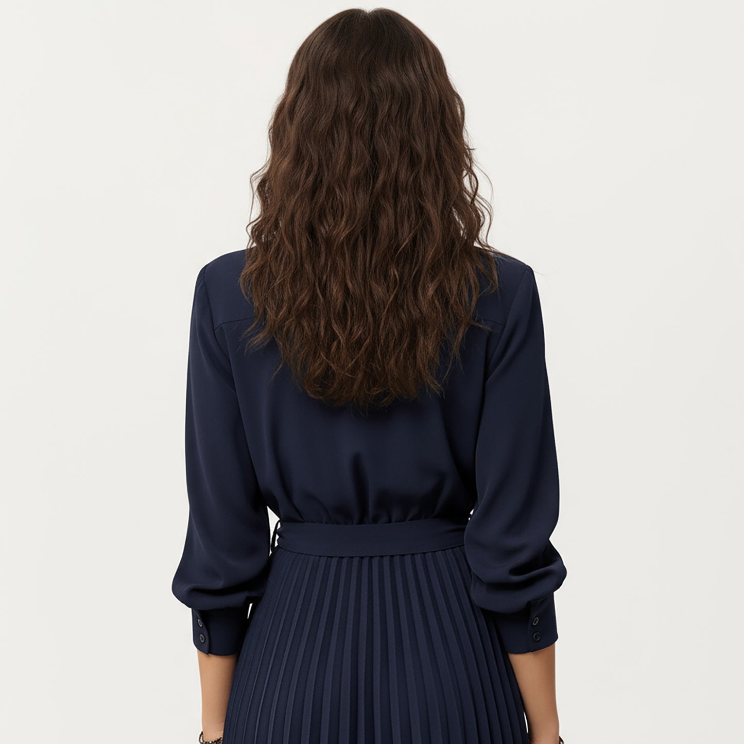 Long Sleeve Dress with Pleated Skirt Structured Wrap Front Collar Detail and Belted Waist for a Smooth Flattering Shape