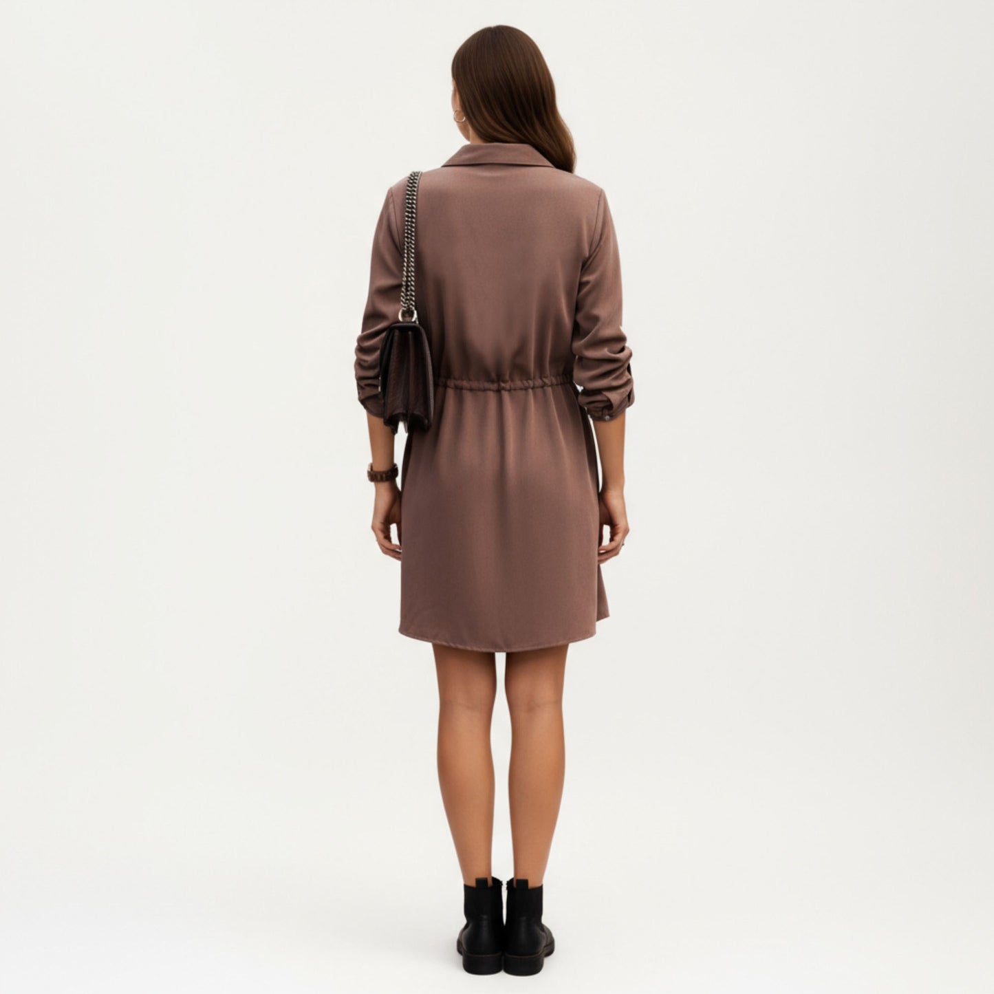 Button Front Shirt Dress with Adjustable Sleeves Soft Drawstring Waist and Relaxed Flowing Silhouette