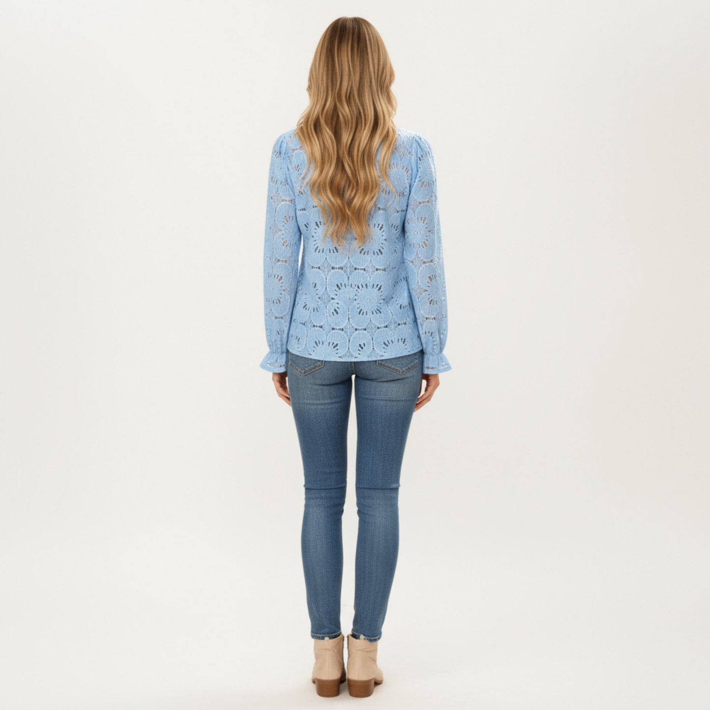 Floral Lace Long Sleeve Top with Intricate Openwork Pattern Soft Textured Fabric and Ruffled Cuff Detailing