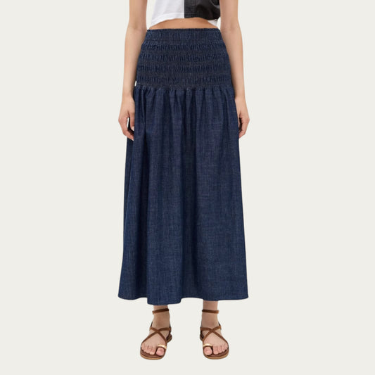 Denim Maxi Skirt with Smocked Waist Detail and Soft Structured A-Line Shape for Comfortable Movement and Flattering Drape