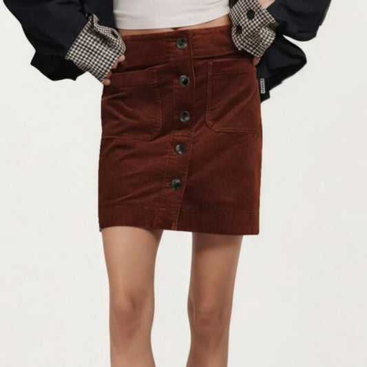 Button Front Corduroy Mini Skirt with Structured Patch Pockets and Clean Straight Hem for a Modern Textured Look
