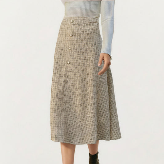 Textured A-Line Midi Skirt with Soft Woven Feel, Front Pearl Button Accents and Smooth Flowing Silhouette