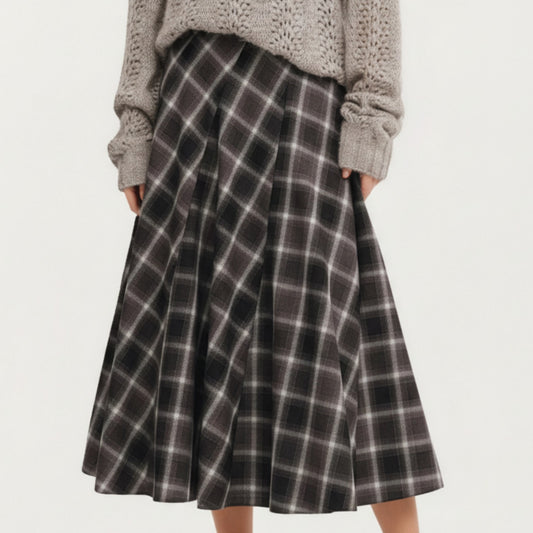 Plaid Midi Skirt with Soft Full-Length A-Line Silhouette and Gentle Pleated Movement for a Flattering Everyday Shape