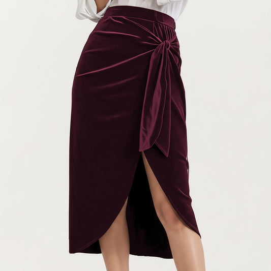 Velvet Wrap Midi Skirt with Soft Draped Texture Elegant Side Tie Detail and Flattering Overlap Front Silhouette