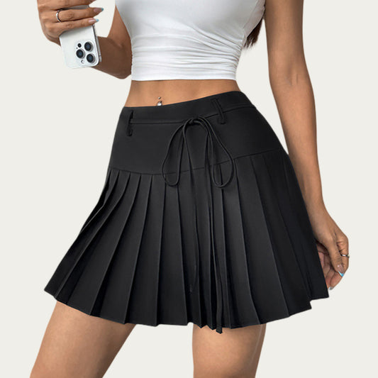 Pleated Mini Skirt with Structured Waistband Adjustable Tie Detail and Crisp Folded Panels for a Clean Flared Silhouette