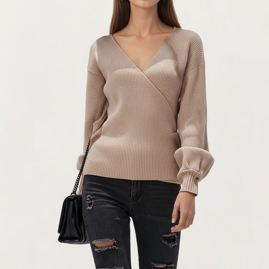 Ribbed Knit Wrap Front Top with Soft Textured Fabric, Long Sleeves and a Flattering V-Neckline for a Smooth Streamlined Look