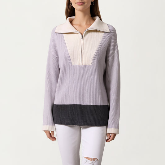 Ribbed Knit Half Zip Top with Soft Textured Fabric, Wide Foldover Collar and Long Sleeves for a Smooth Relaxed Silhouette