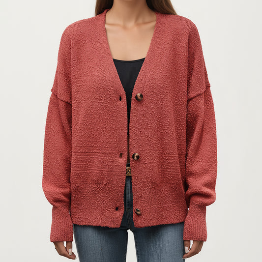 Textured Knit Button Front Top with Soft Cozy Fabric, Relaxed Drop Shoulder Silhouette and Ribbed Edges for Added Structure