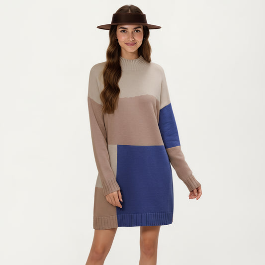 Colorblock Knit Sweater Dress with Long Sleeves, Soft Ribbed Edges and Relaxed Straight Silhouette for Effortless Comfort